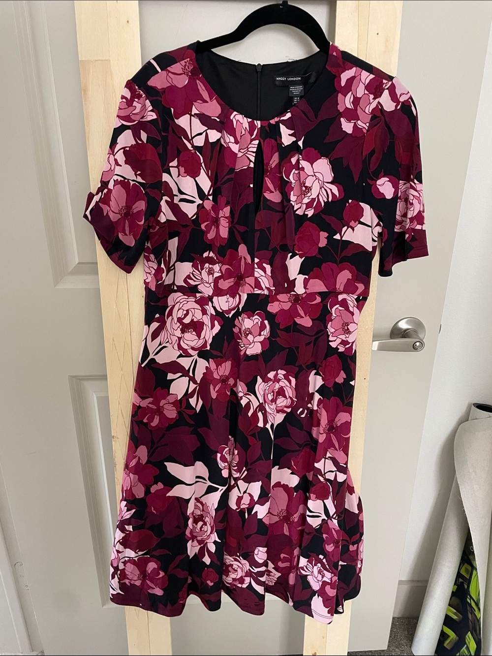 Maggy London Black Floral Fit-and-Flare Mini Dress with Pink Accents